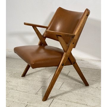 POLTRONA DESIGN DAL VERA ANNI 50/60 LEGNO PELLE ARMCHAIR VINTAGE SOFA