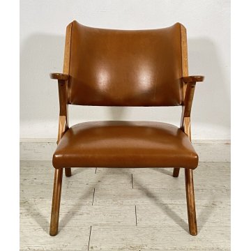 POLTRONA DESIGN DAL VERA ANNI 50/60 LEGNO PELLE ARMCHAIR VINTAGE SOFA