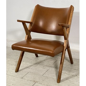 POLTRONA DESIGN DAL VERA ANNI 50/60 LEGNO PELLE ARMCHAIR VINTAGE SOFA