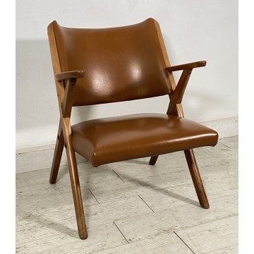 POLTRONA DESIGN DAL VERA ANNI 50/60 LEGNO PELLE ARMCHAIR VINTAGE SOFA