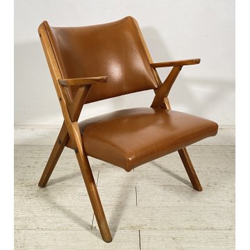 POLTRONA DESIGN DAL VERA ANNI 50/60 LEGNO PELLE ARMCHAIR VINTAGE SOFA
