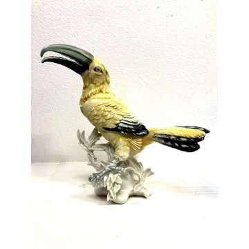 ANTICA SCULTURA UCCELLO TUCANO PORCELLANA Karl Ens GERMANY SMALTO POLICROMO '40