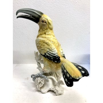 ANTICA SCULTURA UCCELLO TUCANO PORCELLANA Karl Ens GERMANY SMALTO POLICROMO '40