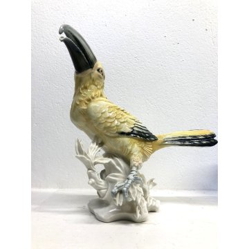 ANTICA SCULTURA UCCELLO TUCANO PORCELLANA Karl Ens GERMANY SMALTO POLICROMO '40