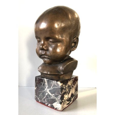 ANTICO BRONZO SCULTURA ATTR. Cesar Santiano TESTA di BIMBO BAMBINO BASE MARMO