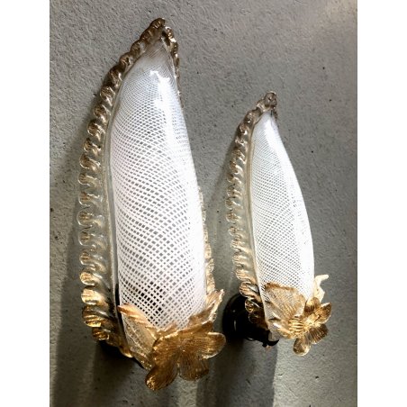 COPPIA APPLIQUE FOGLIA VETRO Murano FILIGRANA BIANCA AVVENTURINA ATTR. Barovier