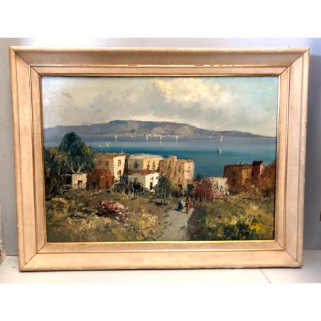 GRANDE QUADRO DIPINTO OLIO PAESAGGIO MEDITERRANEO VEDUTA MARINA GOLFO FIGURE 900