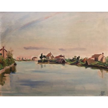 ANTICO QUADRO DIPINTO OLIO TAVOLA Dino Martens VEDUTA LAGUNA VENEZIA MURANO 1951