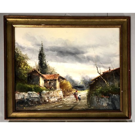 ANTICO QUADRO OLIO TAVOLA F. Mancini PAESAGGIO RURALE FIGURE IMPRESSIONISTA '800