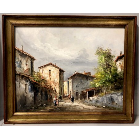 ANTICO QUADRO OLIO F. Mancini VEDUTA STRADA BORGO CON FIGURE IMPRESSIONISTA '800