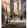 ANTICO QUADRO OLIO F. Mancini VEDUTA STRADA BORGO CON FIGURE IMPRESSIONISTA '800