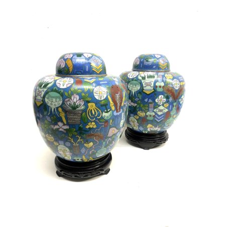 COPPIA VASO CINESE VINTAGE GINGER JAR CLOISONNE COPERCHIO SMALTO POLICROMO 30 CM