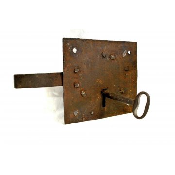 ANTICA SERRATURA ferro battuto CATENACCIO CHIAVE '700 DOOR LOCK IRON KEY OLD  