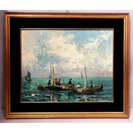 ANTICO QUADRO DIPINTO OLIO TAVOLA M. Bucci MARINA PESCA VEDUTA LAGUNA VENEZIA 68
