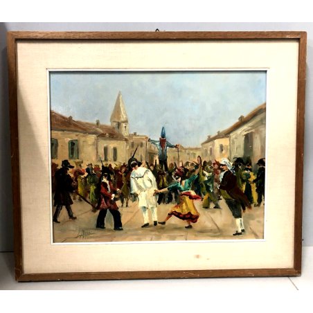 ANTICO QUADRO DIPINTO OLIO TAVOLA Bucci  MASCHERE CARNEVALE in BORGO VENEZIA '56