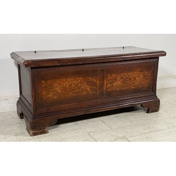 ANTICA PICCOLA CASSAPANCA INTARSIATA LEGNO ABETE PANCA BAULE 1800 EPOCA OLD 1900