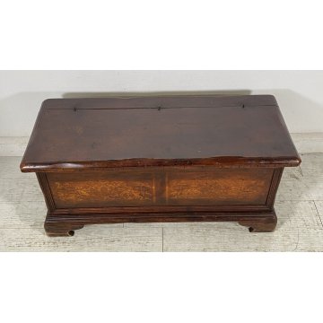 ANTICA PICCOLA CASSAPANCA INTARSIATA LEGNO ABETE PANCA BAULE 1800 EPOCA OLD 1900