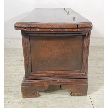 ANTICA PICCOLA CASSAPANCA INTARSIATA LEGNO ABETE PANCA BAULE 1800 EPOCA OLD 1900