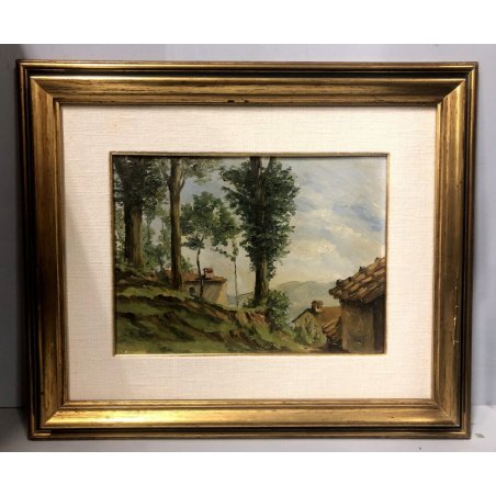 QUADRO OLIO Carignani Mario PAESAGGIO MONTANO ALPEGGIO CASCINE MONTAGNE '900