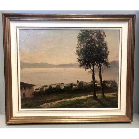 QUADRO OLIO R. Bizzi PAESAGGIO LACUSTRE  VEDUTA COLLINE IMPRESSIONISTA META '900