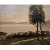 QUADRO OLIO R. Bizzi PAESAGGIO LACUSTRE  VEDUTA COLLINE IMPRESSIONISTA META '900
