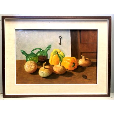 QUADRO DIPINTO OLIO Dario Piazza NATURA MORTA PEPERONI CIPOLLE CHIAVE MONETA 900