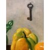 QUADRO DIPINTO OLIO Dario Piazza NATURA MORTA PEPERONI CIPOLLE CHIAVE MONETA 900