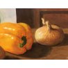 QUADRO DIPINTO OLIO Dario Piazza NATURA MORTA PEPERONI CIPOLLE CHIAVE MONETA 900