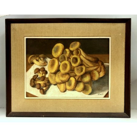 QUADRO DIPINTO OLIO TAVOLA Dario Piazza NATURA MORTA FUNGHI CHIODINI EPOCA '900