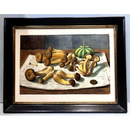 QUADRO DIPINTO OLIO TAVOLA Dario Piazza NATURA MORTA FUNGHI ZUCCA MONETA '900