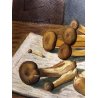 QUADRO DIPINTO OLIO TAVOLA Dario Piazza NATURA MORTA FUNGHI ZUCCA MONETA '900