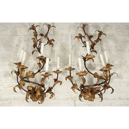COPPIA ANTICHE APPLIQUE FERRO BATTUTO 1800 FOGLIE ORO 7 LUCI LAMPADA PARETE OLD