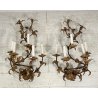 COPPIA ANTICHE APPLIQUE FERRO BATTUTO 1800 FOGLIE ORO 7 LUCI LAMPADA PARETE OLD