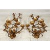 COPPIA ANTICHE APPLIQUE FERRO BATTUTO 1800 FOGLIE ORO 7 LUCI LAMPADA PARETE OLD