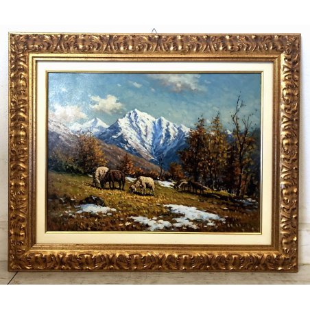 GRANDE QUADRO OLIO M. Mangiarini PAESAGGIO MONTANO PASCOLO AUTUNNALE P. Scheggia