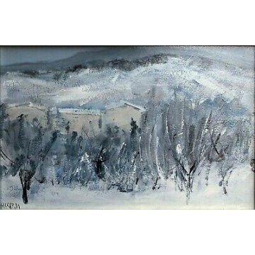 QUADRO DIPINTO Carlo Saccadi OLIO TAVOLA NEVE PAESAGGIO ASTRATTO '900 CORNICE  