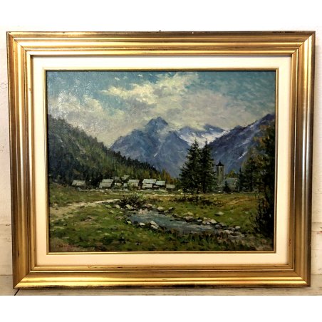 QUADRO OLIO M. Mangiarini PAESAGGIO MONTANO MACUGNAGA Chiesa vecchia a Dorf 1994