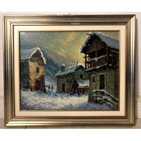 QUADRO DIPINTO OLIO M. Mangiarini PAESAGGIO MONTANO MACUGNAGA "Dopo la nevicata"