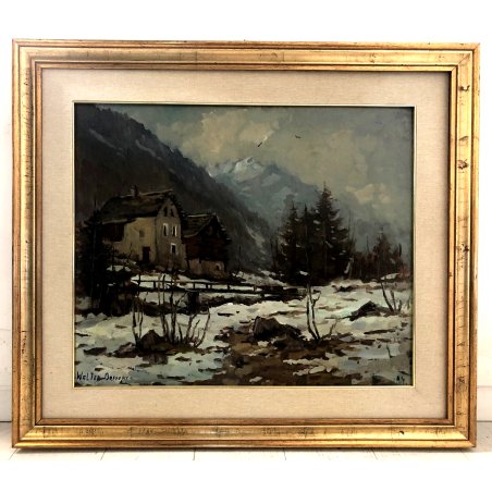 QUADRO OLIO Walter Bossone PAESAGGIO INVERNALE Valle Anzasca BAITE Walser NEVE