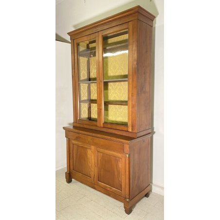 ANTICA CREDENZA BUFFET IMPERO LIBRERIA 1800 VETRINA LEGNO NOCE ALZATA VETRO OLD