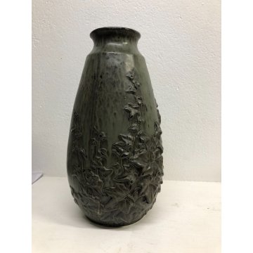 ANTICO VASO CERAMICA SMALTATA FIRMATO DECORO BASSORILIEVO EDERA ART DECO '900
