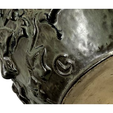 ANTICO VASO CERAMICA SMALTATA FIRMATO DECORO BASSORILIEVO EDERA ART DECO '900