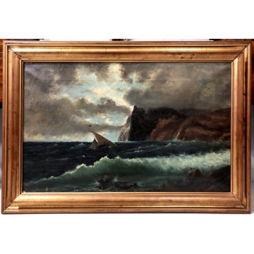 ANTICO QUADRO DIPINTO OLIO PAESAGGIO MARINA PROMONTORIO MARE TEMPESTA VELIERO