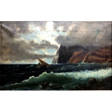 ANTICO QUADRO DIPINTO OLIO PAESAGGIO MARINA PROMONTORIO MARE TEMPESTA VELIERO