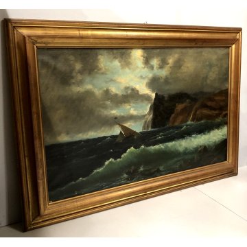 ANTICO QUADRO DIPINTO OLIO PAESAGGIO MARINA PROMONTORIO MARE TEMPESTA VELIERO