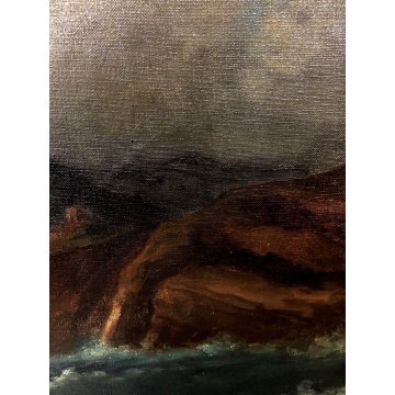 ANTICO QUADRO DIPINTO OLIO PAESAGGIO MARINA PROMONTORIO MARE TEMPESTA VELIERO