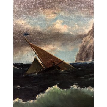 ANTICO QUADRO DIPINTO OLIO PAESAGGIO MARINA PROMONTORIO MARE TEMPESTA VELIERO