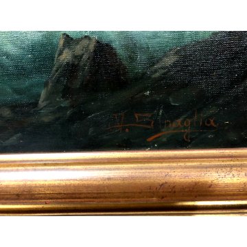 ANTICO QUADRO DIPINTO OLIO PAESAGGIO MARINA PROMONTORIO MARE TEMPESTA VELIERO