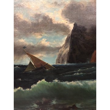 ANTICO QUADRO DIPINTO OLIO PAESAGGIO MARINA PROMONTORIO MARE TEMPESTA VELIERO