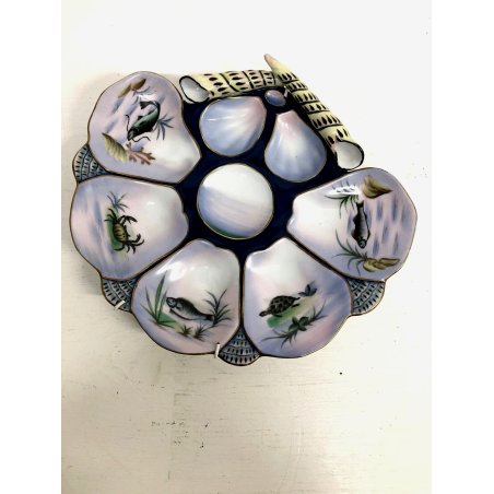 PIATTO CERAMICA VINTAGE PORTA OSTRICHE LIMOGES OYSTER PLATE SMALTO POLICROMO 50S